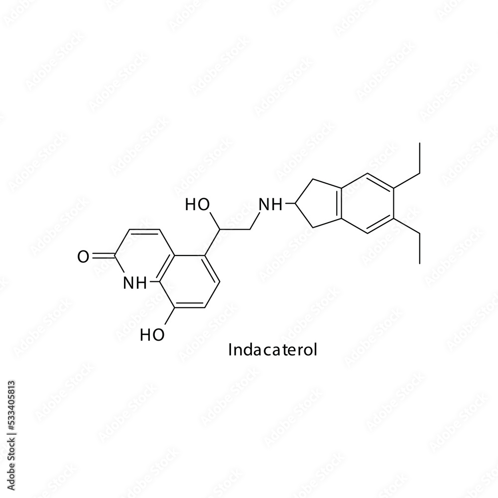 Indacaterol molecule flat skeletal structure, beta agonist used in asthma, COPD Vector illustration on white background. Indacaterol molecule flat skeletal structure, beta agonist used in asthma, COPD Vector illustration on white background.