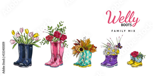 Wellington boot with colorful spring and autumn flowers inside, sketch vector illustration isolated on white background.