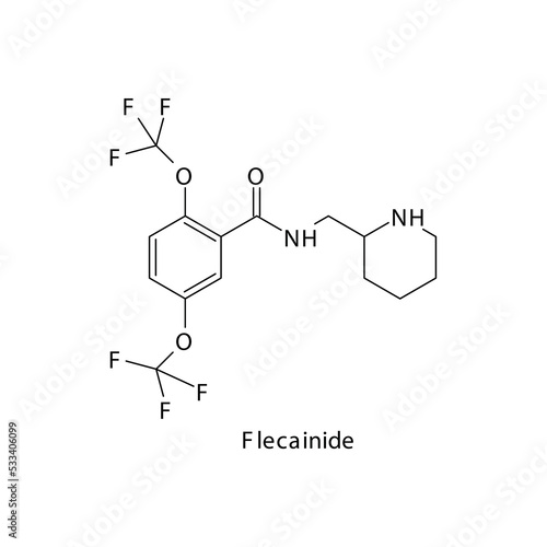 Flecainide molecule flat skeletal structure, Class Ic antiarrythmia drug - fast Na chanel blocker used in cardiac dysrythmia Vector illustration on white background.