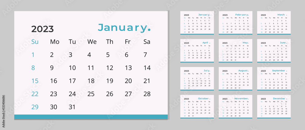 Monthly calendar template for 2023 year. Planner diary in a minimalist style.2023 calendar in minimal table and blue color event planner, Corporate and business calendar. Week Starts Sunday Monthly calendar template for 2023 year. Planner diary in a minimalist style.2023 calendar in minimal table and blue color event planner, Corporate and business calendar. Week Starts Sunday