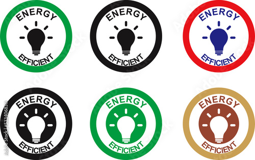 Set of energy efficient seals, Illustration of quality seal or badge for items with energy saving capabilities. Illustrations in multiple colors and styles.
