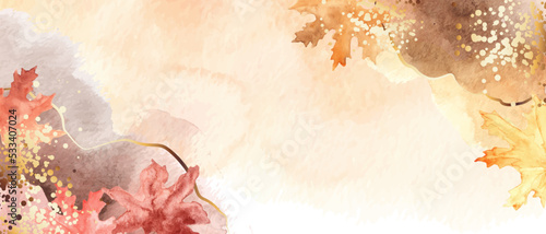 Abstract autumn watercolor art. Bright warm colors, fall leaves, trees, sky,clouds. Golden splatters, lines. Frame, background for text.