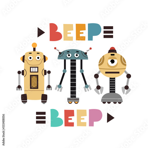 beep beep. Cartoon robots, hand drawing lettering, decor elements. vector illustration. baby design for print on t-shirt, card, wall decoration