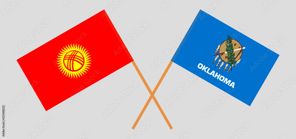 Crossed flags of Kyrgyzstan and The State of Oklahoma. Official colors. Correct proportion Crossed flags of Kyrgyzstan and The State of Oklahoma. Official colors. Correct proportion