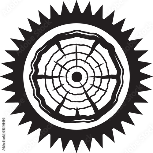 Vintage carpentry woodword mechanic round saw inside. Can be used like emblem, logo, badge, label. mark, poster or print. Monochrome Graphic Art. Vector
