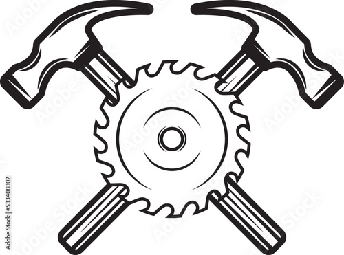 Vintage carpentry woodword mechanic hammer round saw cross. Can be used like emblem, logo, badge, label. mark, poster or print. Monochrome Graphic Art. Vector