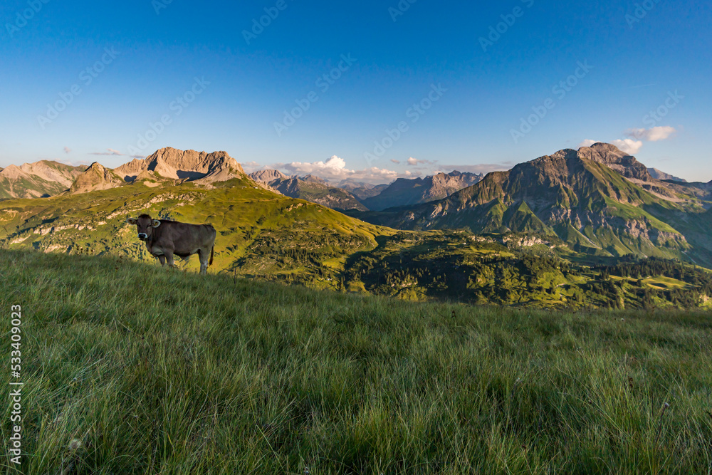 Fototapeta premium Stunning sunset hike from the top in the austria mountain