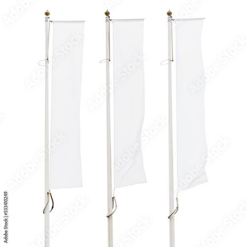 Three blank white corporate flags on flagpoles isolated