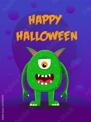 Halloween card with a green one-eyed monster on the background.