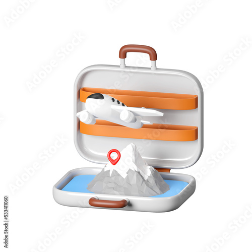 Fly to japan with Mt.Fuji in open suitcase. Abstract travel concept 3D render illustration