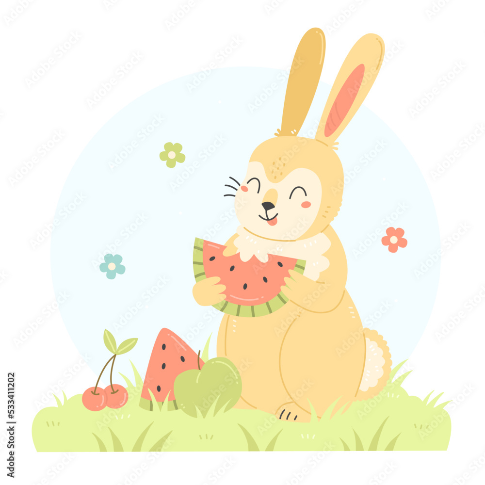 Cute rabbit with fruit eats watermelon. A bunny character in a cartoon flat style. Vector summer children's illustration. Cute rabbit with fruit eats watermelon. A bunny character in a cartoon flat style. Vector summer children's illustration.
