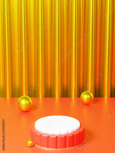 3D redering illustration stage podium red and gold background and gold ball.