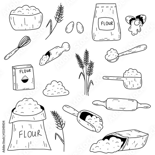 Baking ingredients in doodle hand drawn style. Bag with flour, eggs, kitchen whisk, rolling pin, wheat ear spikelet. Vector sketch illustration set for pastry cooking