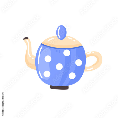 Blue teapot with white polka dots in cartoon style isolated on a white background. Vector illustration.
