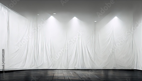 Fototapeta Naklejka Na Ścianę i Meble -  Studio background as if the cloth is wrinkled. Overall white studio. Abstract and elegant graphic design elements.