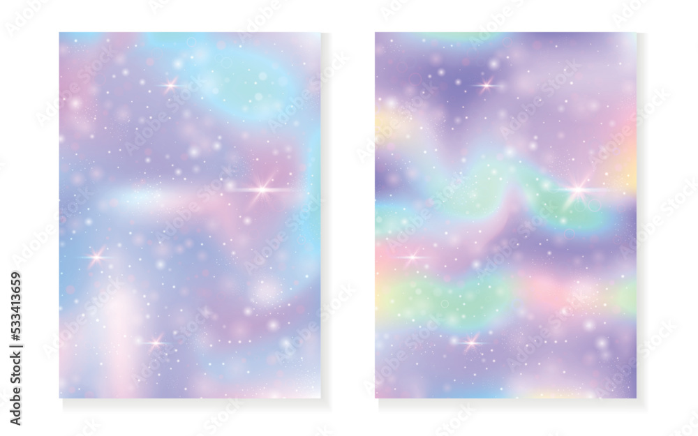 Kawaii background with rainbow princess gradient. Magic unicorn hologram.