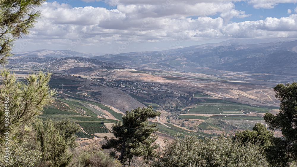 View of Southern Labanon villages Marjayoun, Al Qulayah, Al Khiyam, Kafr Kla, Kafr Shuba, Al Ghajr with Metula as seen from Mitzpe Benya lookout, located at the foot of Misgav Am, Upper Galilee,Israel