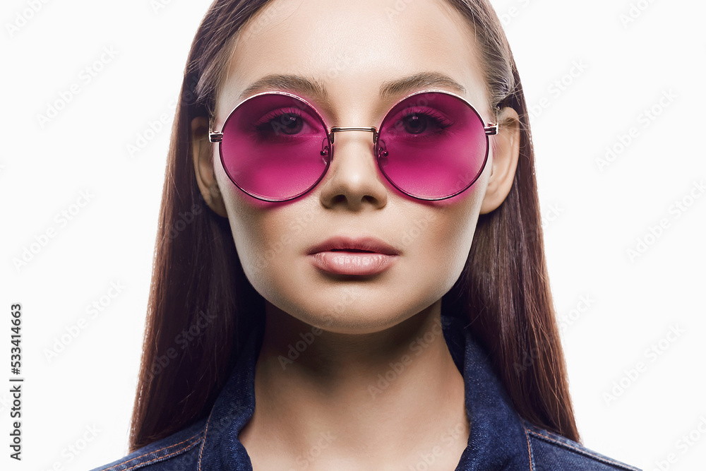Beautiful woman in sunglasses. beauty girl in pink Glasses Beautiful woman in sunglasses. beauty girl in pink Glasses