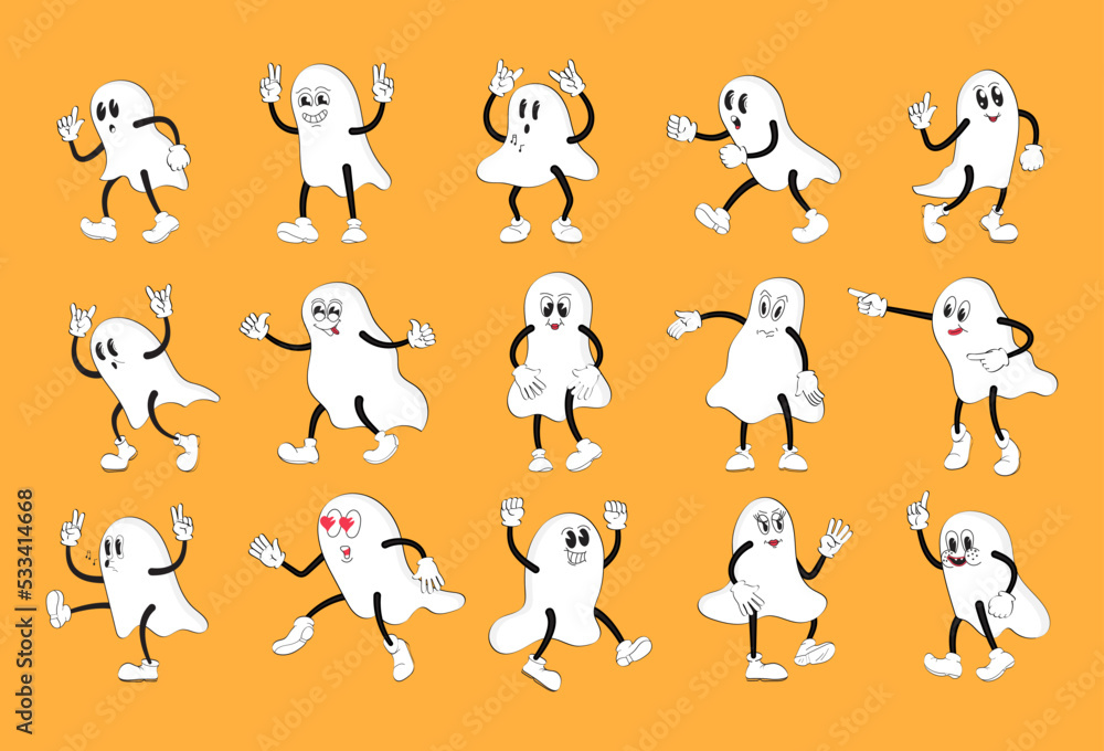 Boo mascot in retro style. Ghost with gloved hands. Hallowen sticker pack of funny cartoon characters Boo mascot in retro style. Ghost with gloved hands. Hallowen sticker pack of funny cartoon characters