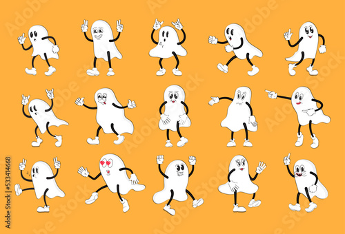 Fototapeta Naklejka Na Ścianę i Meble -  Boo mascot in retro style. Ghost with gloved hands. Hallowen sticker pack of funny cartoon characters