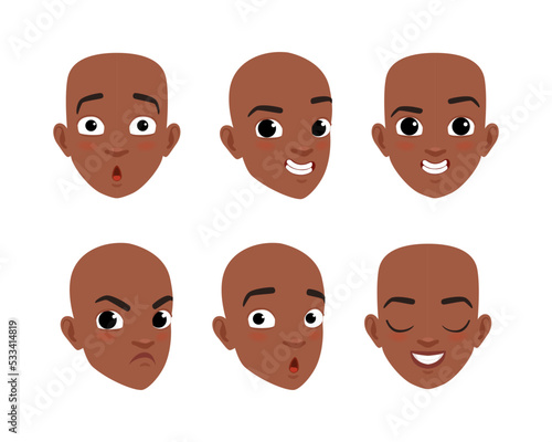 Fototapeta Naklejka Na Ścianę i Meble -  Face of African American boy with different emotions set. Cute child character creation, constructor for animation cartoon vector illustration