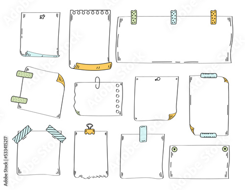 Paper empty sheet in doodle styke. Line stikers vector illustration for notes. To do list, memo pages. Doodle checklist set. Blank bullet journal sheets.