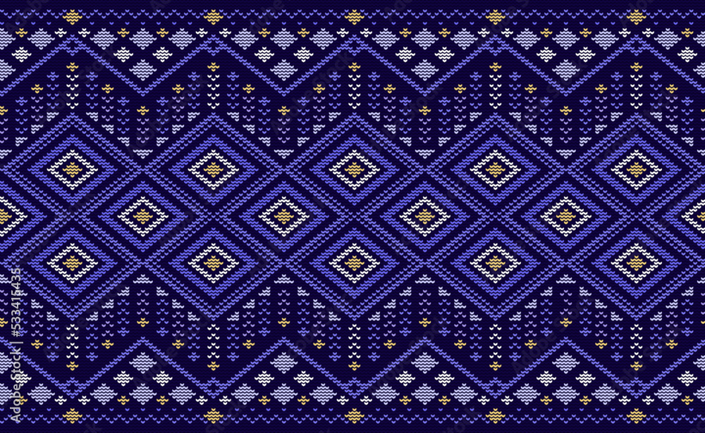 Knitted ethnic pattern, Vector embroidery crochet background, Cross stitch repetitive geometry style, Purple and yellow pattern ikat element, Design for textile, batik, wrapping, mugs Knitted ethnic pattern, Vector embroidery crochet background, Cross stitch repetitive geometry style, Purple and yellow pattern ikat element, Design for textile, batik, wrapping, mugs