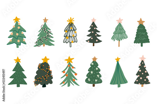 Set of doodle christmas tree.Pine tree photo