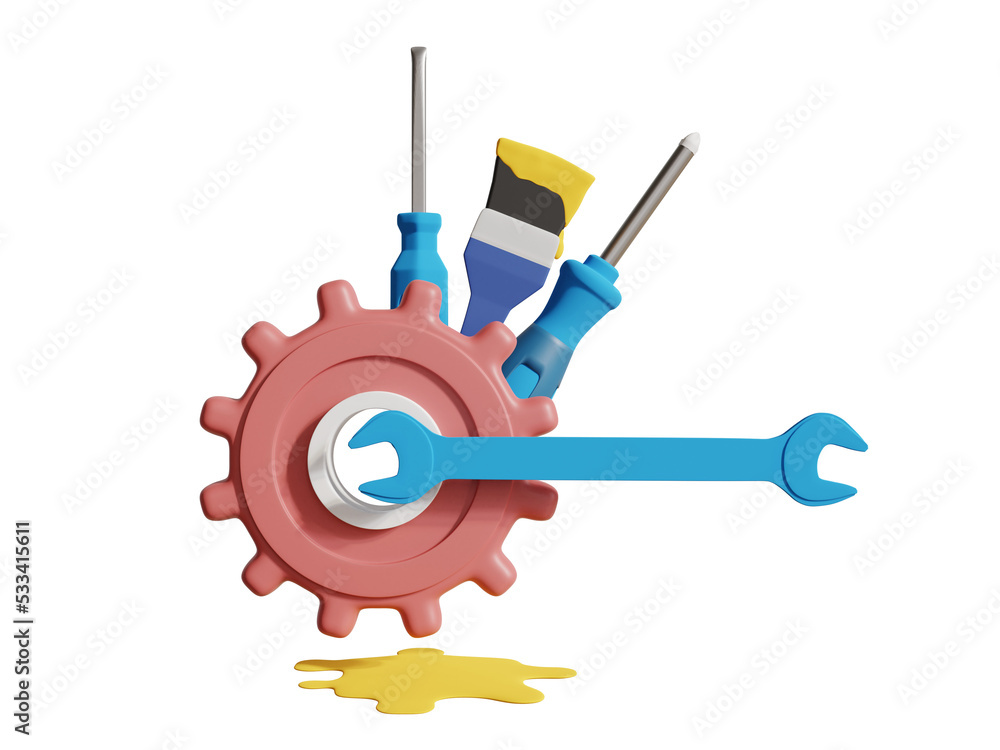 3d illustration tools and equipment engine and construction equipment gear screwdriver paint brush wrench labor day 3d rendering 3d illustration tools and equipment engine and construction equipment gear screwdriver paint brush wrench labor day 3d rendering