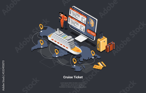 Online Cruise Tickets Buy, Traveling by Liner Concept. Family Buying Tickets And Going On Trip On Lusury Cruise Liner. Characters At Railway With Train and Platform. Isometric 3d Vector Illustration