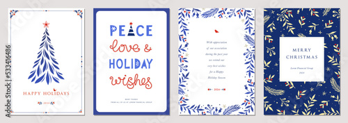 Winter Holiday cards. Universal Christmas templates with decorative Christmas Tree, ornate floral background and frame with copy space, birds and greetings.