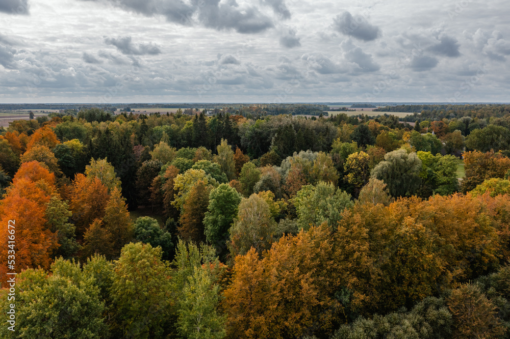 Aerial view of Burbiskis park, Radviliskis region in Lithuania in autumn