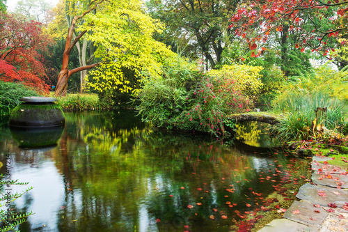 Amazing view in Japanese  garden.   Orange  and red  leaves   and small foutain inside barrel photo