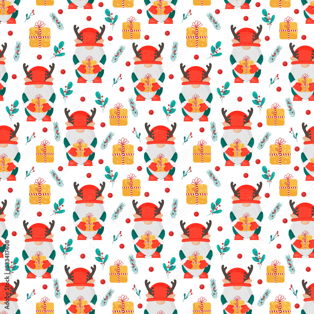 Christmas seamless pattern with Scandinavian gnomes and gifts. Cute dwarf deer. Use for print, fabric, paper, cover, poster, postcard, New Year's design, scrapbooking, sticker.