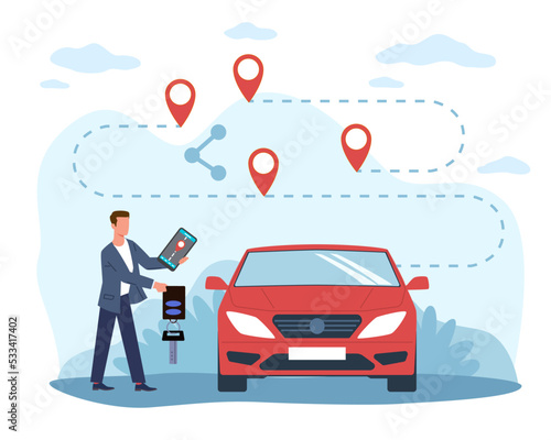 Car sharing service, rental automobile. Businessman standing near red auto, hold smartphone, application with location mark and route, vehicle remote parking, vector isolated concept