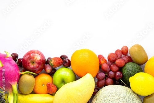 Fresh vegetables and fruits on a white background with copy space,Colorful fruits