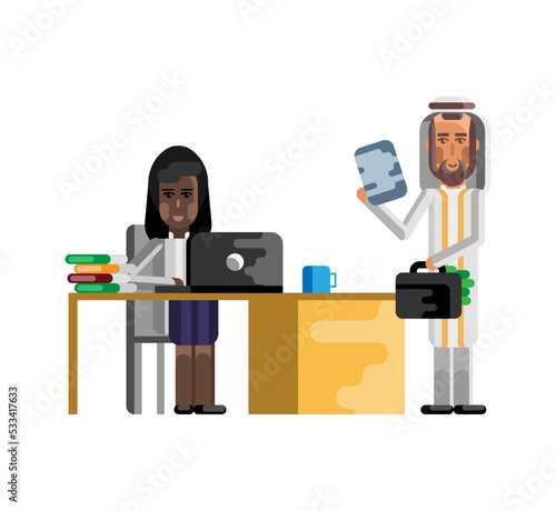 Business meeting arabic businessman with african businesswoman in office. Corporate multicultural business people isolated vector illustration.
