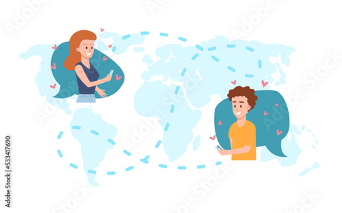 Happy boy and girl in love in different parts of planet chat using mobile phones