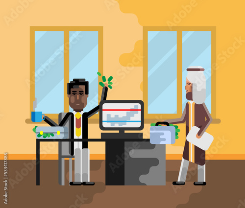 Business meeting african businessman with arabic investor in office. Corporate multicultural business people vector illustration.