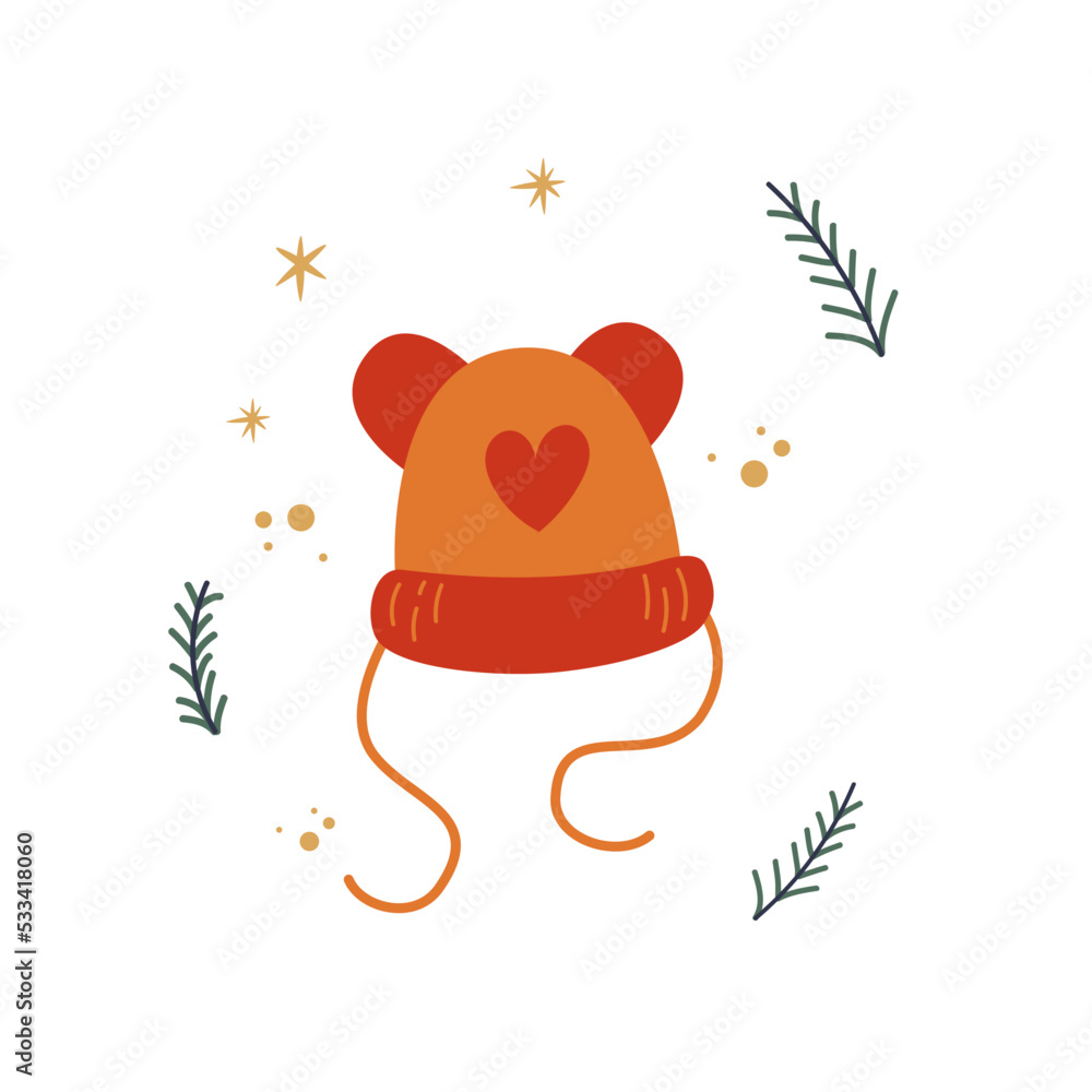 Cozy winter kids hat, Christmas hand drawn vector illustration Cozy winter kids hat, Christmas hand drawn vector illustration