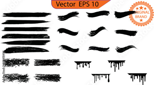 Dripping paint drips background. Design overlay element. Drips illustration. Collection of dripping brush stroke paints. Black paint, ink brush strokes, brushes, lines. Transparent background