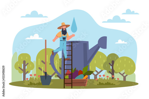 Fototapeta Naklejka Na Ścianę i Meble -  Gardening. Tiny male farmer and huge watering can and shovel, vegetables harvest in baskets, watering plants. Countryside and village life. Agriculture vector cartoon flat concept