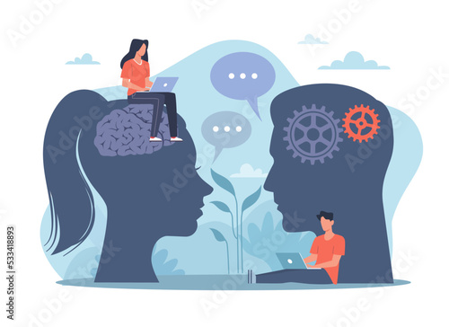 Natural language processing or Neuro-linguistic programming, artificial intelligence technology. Head with brains and gears, people study online. Vector cartoon flat nlp concept photo