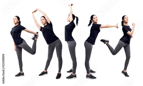 Collage of full length young woman in sportswear doing exercises.