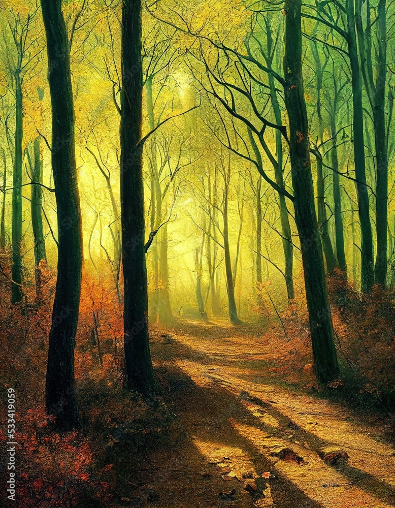 autumn forest with yellow leaves and a path, unpaved road throught the middle