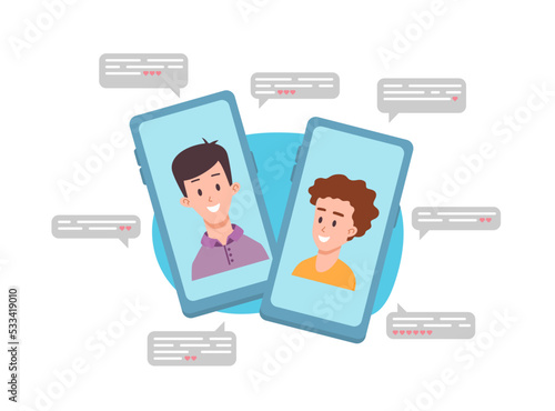 Cute gay couple in long distance relationship, flat vector illustration isoalted on white background.