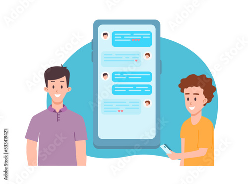 Two smiling boys and huge mobile phone screen with chatting flat style