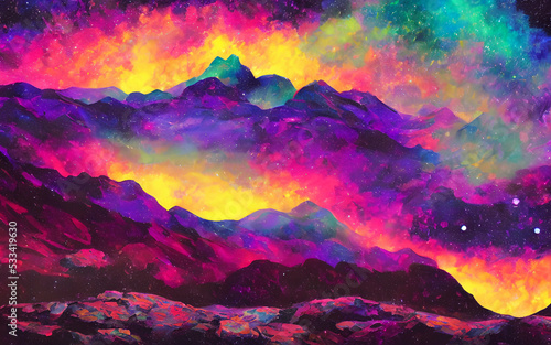 I am looking at a dreamy psychedelic space landscape. The colors are swirls of blues and greens and purples, with occasional brighter flashes of pink or orange. The background is black, indicating the