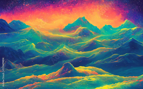 I am looking at a dreamy psychedelic space landscape. The colors are swirls of blues, greens, purples, and pinks. There is a shining white light in the center that looks like a star or a planet.