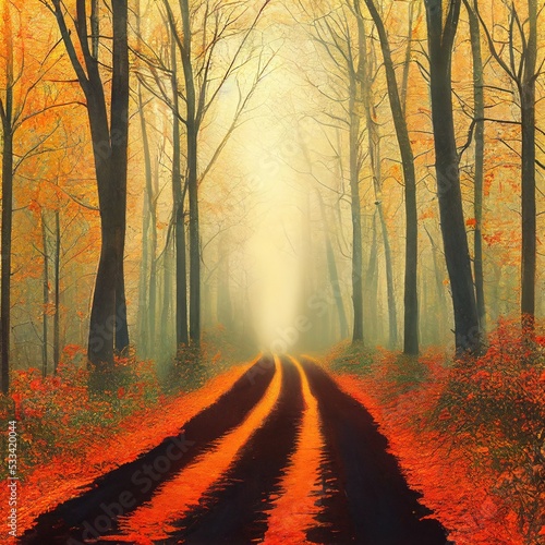 autumn forest with orange leaves and a path  unpaved road throught the middle